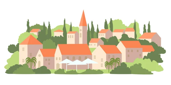 Old Town Landscape Hill Houses Red Roofs Vector Color Isolated - Stok Vektor