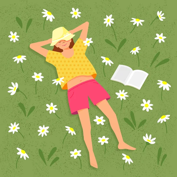 Mädchen Liegt Auf Gras Mit Gänseblümchen Vektorfarbige Illustration Flachen Stil — Stockvektor