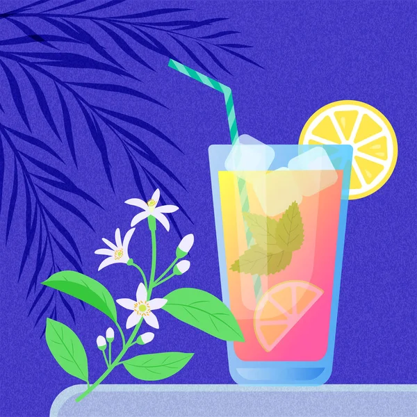 レモンの木の枝とピンクのレモネードのガラス ベクトルカラフルなイラストでフラットスタイルでダークブルーの質感の背景 — ストックベクタ