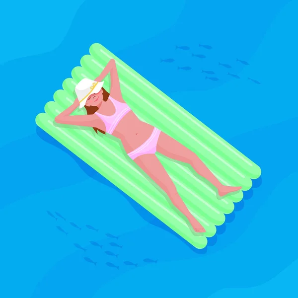 Pretty Girl Relaxing Swimming Mattress Vector Color Illustration Flat Style — Stock Vector