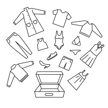 Suitcase with clothes in line art style. Vector black and white illustration.