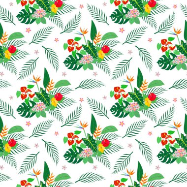 Seamless pattern with  tropical plants with a bright flowers.  Vector color illustration on the white background.