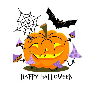 Balkabağı, yarasa, örümcek ve mantarlı tebrik kartı. Vektör rengi izole edildi.