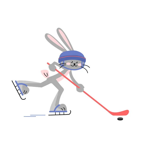 Happy rabbit plays a hockey. Vector isolated colorful illustration in flat style.	
