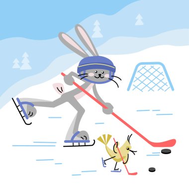 Mutlu tavşan hokey oynuyor. Düz biçimli vektör renkli illüstrasyon.