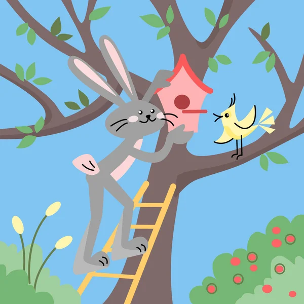 Happy Rabbit Hangs Birdhouse Vector Colorful Illustration Flat Style — Archivo Imágenes Vectoriales