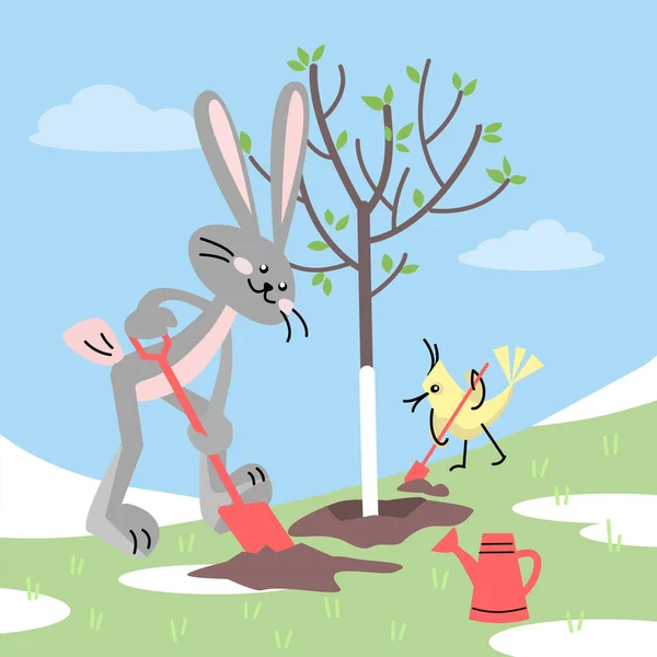 Счастливый Кролик Птицей Сажающей Дерево Векторная Красочная Иллюстрация Плоском Стиле — стоковый вектор