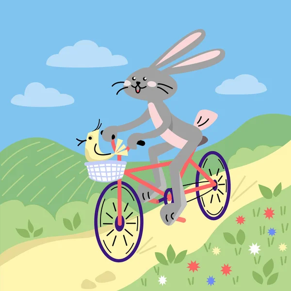 Feliz Conejo Pájaro Montar Bicicleta Ilustración Colorida Vectorial Estilo Plano — Archivo Imágenes Vectoriales