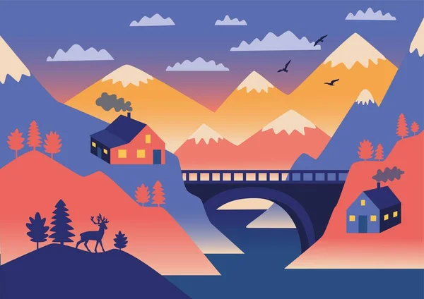 Casas Campo Con Puente Sobre Río Montañas Con Picos Nieve — Vector de stock