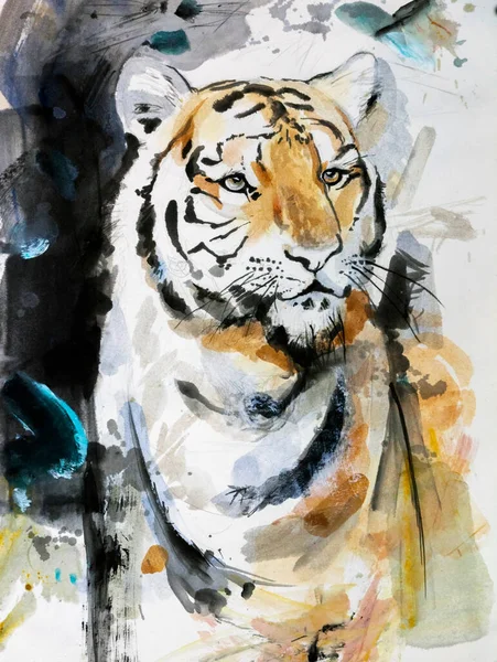 The big tiger looks menacingly - watercolor drawing