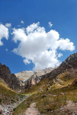 Ağustos ayında Özbekistan 'daki Pamir-Alai dağları üzerlerinde bir bulutla. Özbekistan