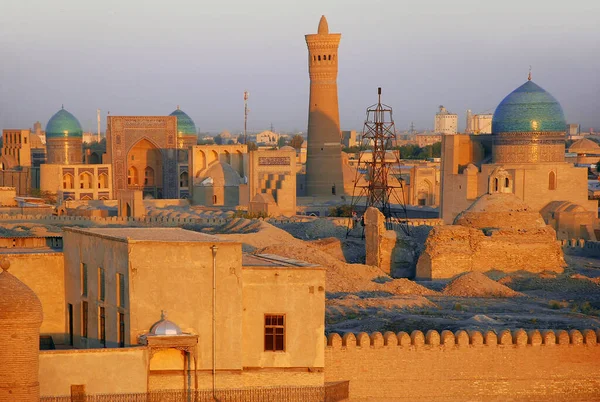 Panorama Fortaleza Arca Bucara Pôr Sol Para Minarete Kalyan Usbequistão — Fotografia de Stock