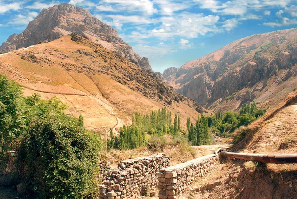 Dağlarda sıcak bir gün ve sonbaharda Tien Shan 'da antik bir duvar. Özbekistan