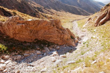 Sonbaharda Tien Shan 'daki dağlarda devasa bir kaya kütlesi. Özbekistan