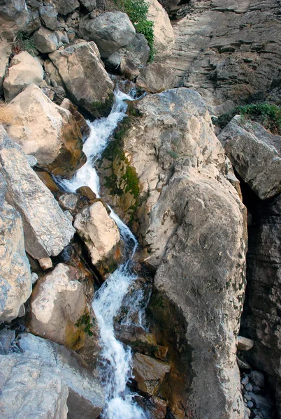 Sebuah Aliran Gunung Mengalir Antara Batu Batu Pegunungan Tien Shan — Stok Foto