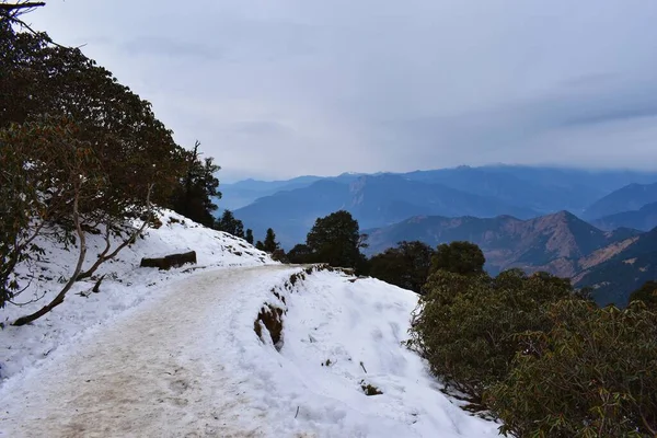 Uttarakhand Chopta Vadisi 'ndeki karlı dağın tepesindeki Tungnath Tapınağı' na yürüyüş ve yürüyüş yolu 