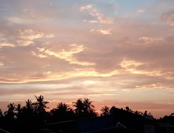 Zachód Słońca Niebo Drzewami Kokosowymi — Zdjęcie stockowe