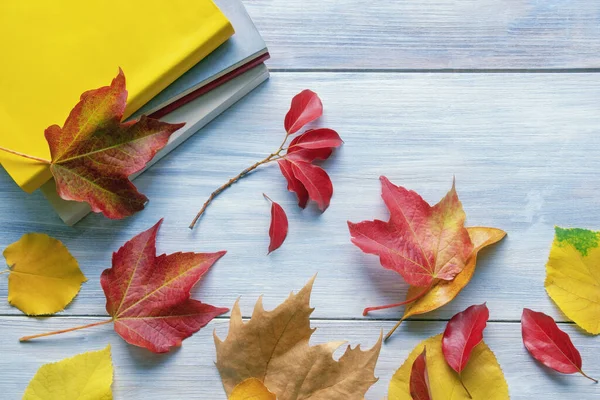 Autumn Stack Books Bright Colorful Autumn Leaves White Rustic Table — Stock Photo, Image