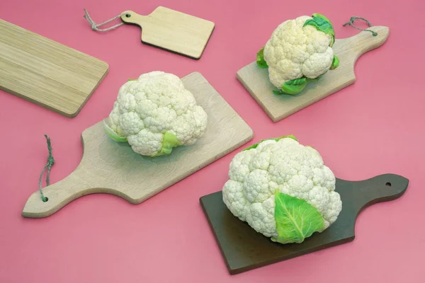 Vegetables Fresh White Cauliflower Different Cutting Boards Table Stock Picture