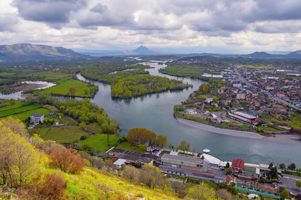 Meanders Rivers Albania Shkoder City View Drin River Cloudy Spring — Stock Photo, Image