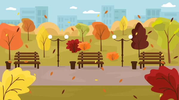 Ilustrace Podzimního Parku Lavičkami Padajícími Barevnými Listy Budovami Pozadí — Stockový vektor