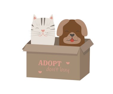 Hayvan barınağından alınmış bir kutuda kedi ve köpek tasviri..