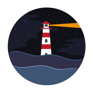 Red and white lighthouse in the middle of the sea with calm waves and haze in the night starry sky.ircle flat vector illustration for the geography and travel web sites, for posters and cards.