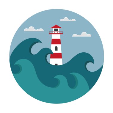 Red and white lighthouse in the middle of the sea with stormy waves and clouds in the sky. ircle flat vector illustration for posters, and cards and web icons for the geography and travel theme
