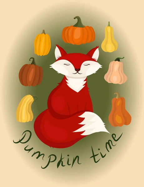 Red Fox Sitting Colorful Vegetables Pumpkin Time Illustration Halloween Autumn — Vetor de Stock