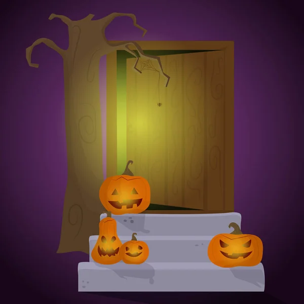 Плакат Хэллоуин Валет Тыкв Украшающий Порог Дома Ведьмы Старым Деревом — стоковый вектор