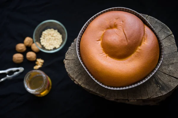 Gubana typical cake of the Natisone Valleys, Friuli Venezia Giulia region, Italy. Stuffed with walnuts, honey, pine nuts, raisins.