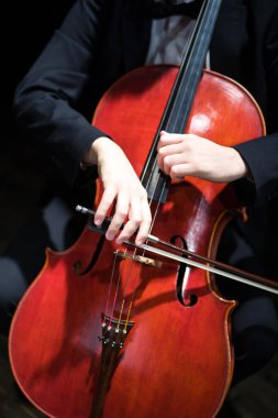 Tiyatroda çello çalan çellonun ayrıntıları.