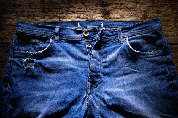 Dettaglio Jeans Uno Sfondo Legno — Foto Stock