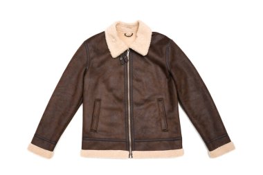 Kahverengi yontmalı kışlık ceket beyaza izole edilmiş.