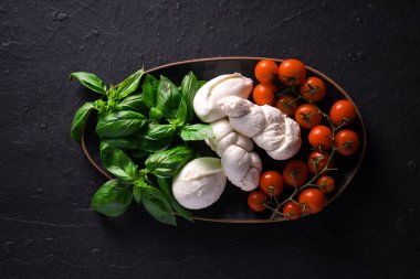 Arka planda fesleğenli mozzarella ve vişneli domatesli en iyi manzara. İtalyan bayrağının konsept renkleri