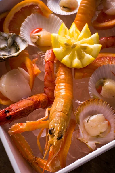 접시에는 해산물을 얼음으로 덮습니다 오렌지 곁들인 것이다 — 스톡 사진