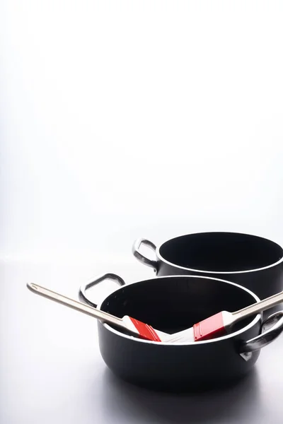 Frying Pans Food Brushes White Background — Stock Photo, Image