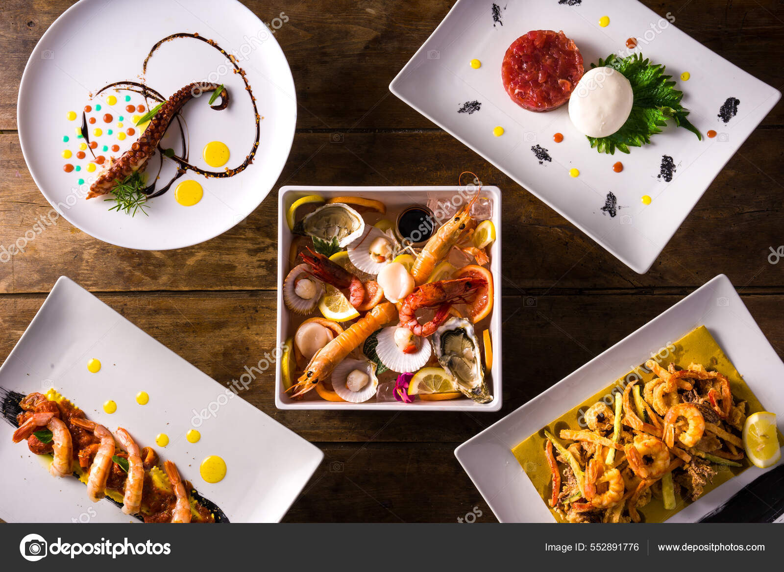 Group Restaurant Dishes Raw Fish Meat Mozzarella Mixed Fried Octopus