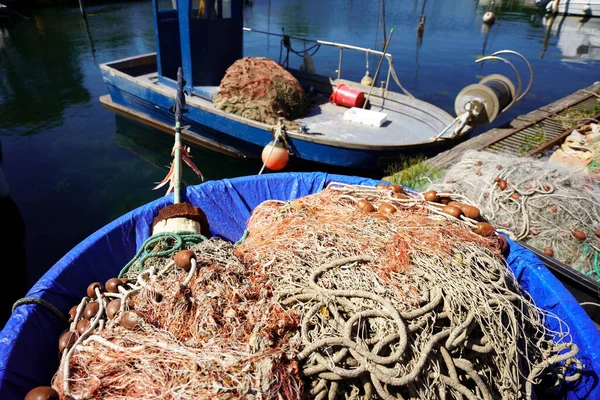 Redes Pesca Cais Fundo Turvo Barco Pesca — Fotografia de Stock