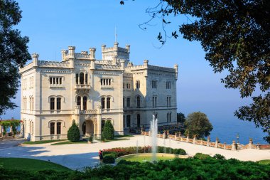 Grignano Miramare _ italy. july 21_2022 view of the Miramare castle in Trieste