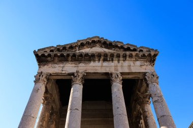 Pula Croatia. July 30, 2022 detail of the Augustus temple from the Roman period in Pola