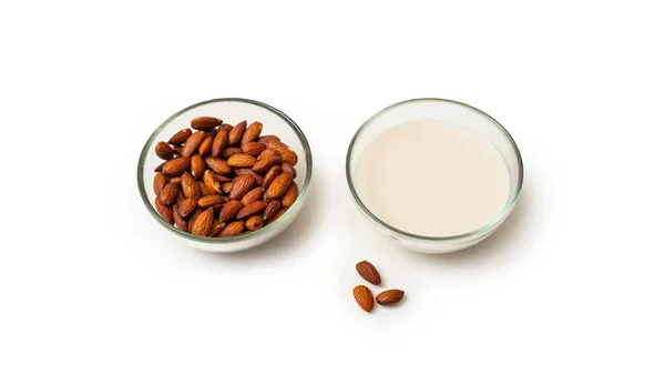 Bowls Almonds Almond Milk Isolated White Background — ストック写真