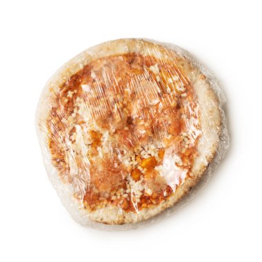 top view frozen pizza in plastic bag. isolated white background