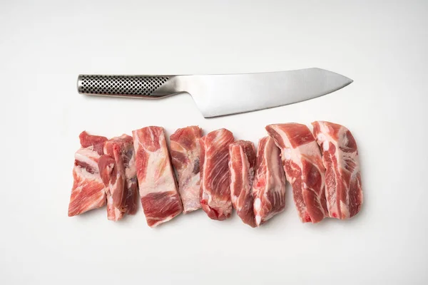 Pork Ribs Cut Knife Isolated White Background — Stock Fotó