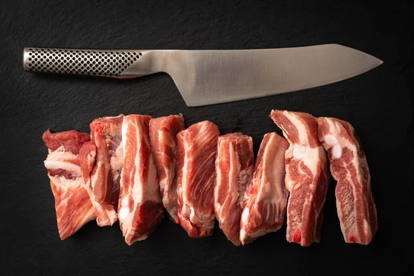 Pork Ribs Cut Knife Dark Background — Stock Fotó