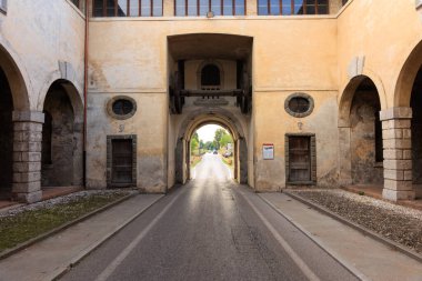 Palmanova _ italy. August 17, 2022 view of the Porta Udine exiting in the city of Palmanova