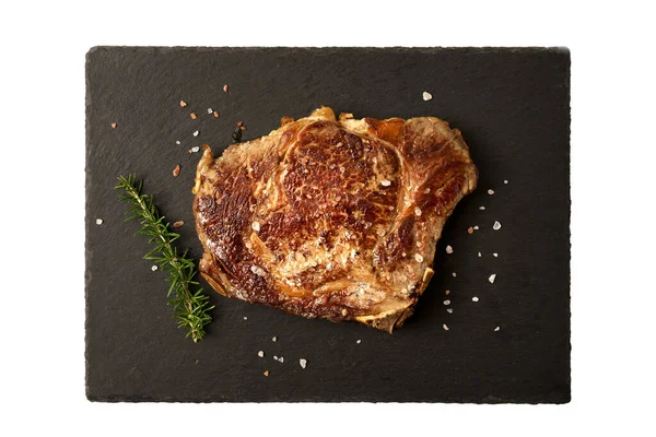 Top View Cooked Beef Steak Dark Cutting Board Salt Rosemary — ストック写真