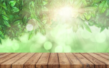 Montaj ürünü görüntüleme için boş tahta masa, yeşil yapraklı arkaplan, bulanık ışık ve güneş ışığı.