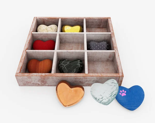 Set Decorative Hearts Different Materials Wooden Organizer Happy Valentine Day — Stock Photo, Image