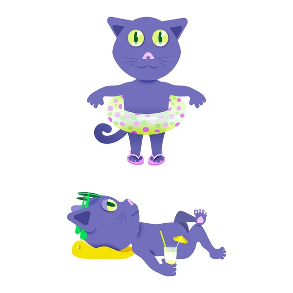 Cute cartoon characters of cats in the summer on the beach. A cat in an inflatable circle, a cat wearing glasses, is resting with a cocktail. Isolated  for design or sticker in cartoon style.